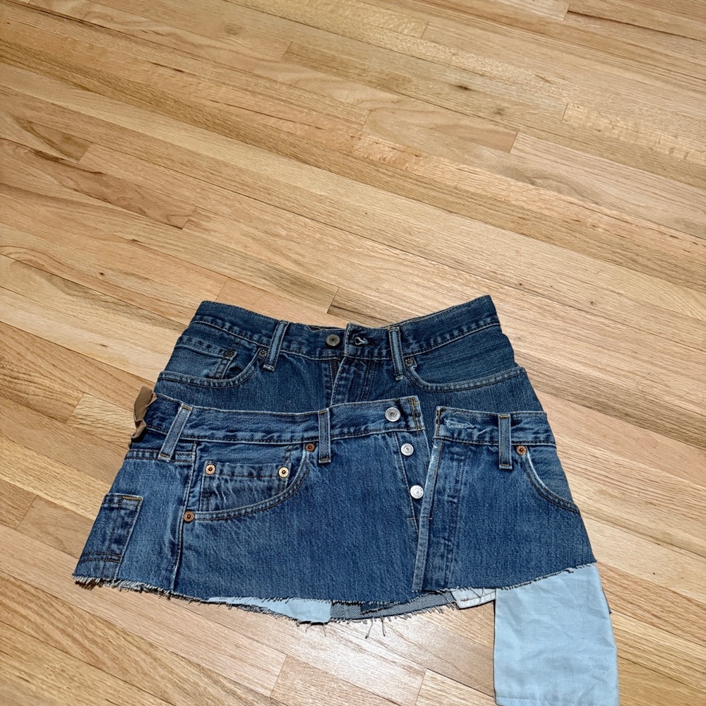 Dark Blue Denim Reworked Mini Skirt - Casual Distressed Style